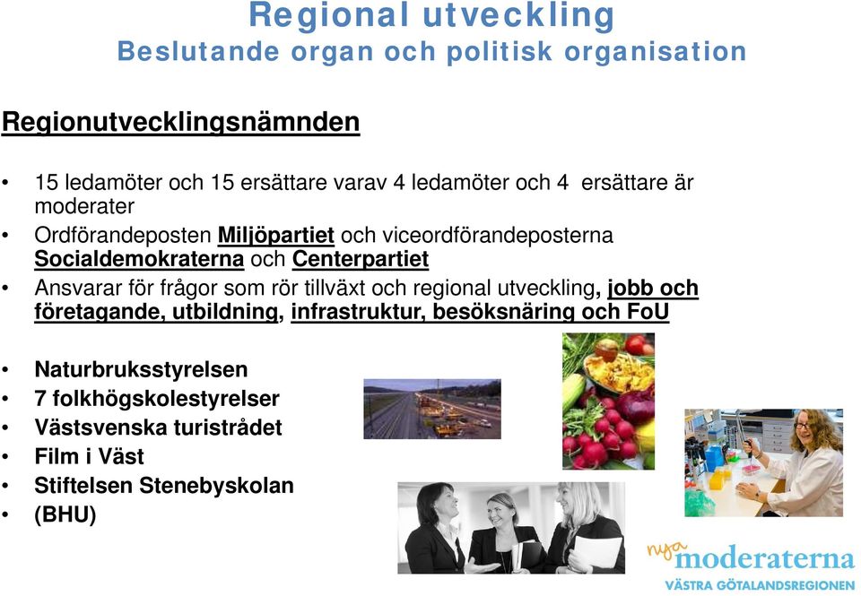 Centerpartiet Ansvarar för frågor som rör tillväxt och regional utveckling, jobb och företagande, utbildning, infrastruktur,