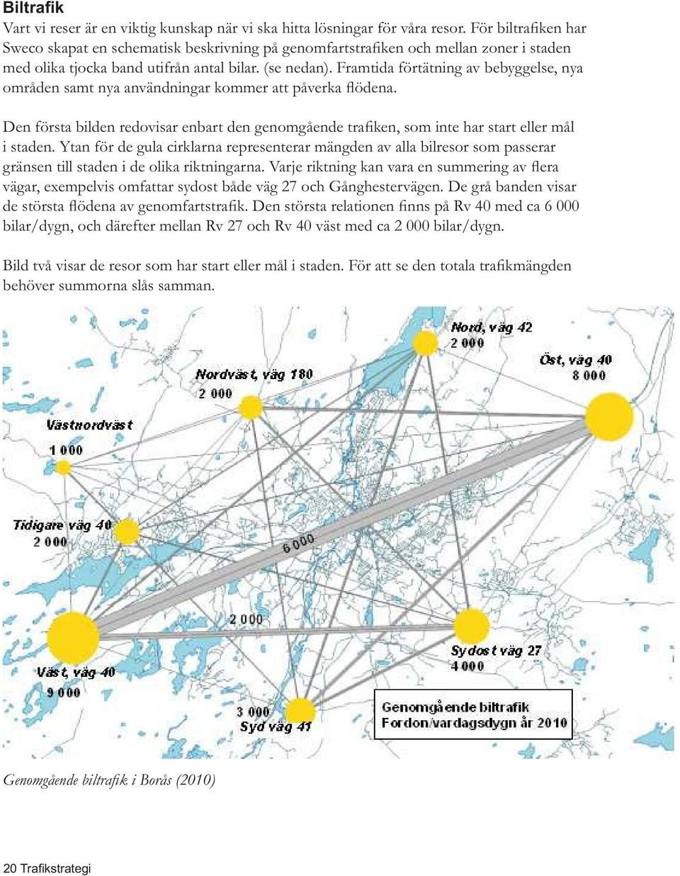 Ytan för de gula cirklarna representerar mängden av alla bilresor som passerar vägar,