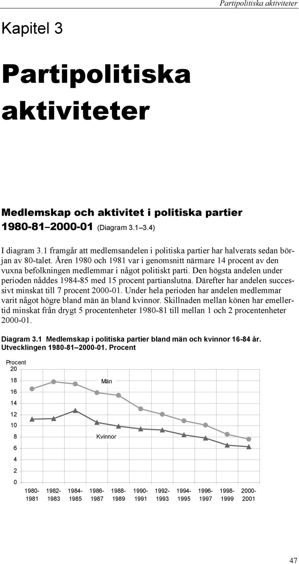 Åren 1980 och 1981 var i genomsnitt närmare 14 procent av den vuxna befolkningen medlemmar i något politiskt parti. Den högsta andelen under perioden nåddes 1984-85 med 15 procent partianslutna.
