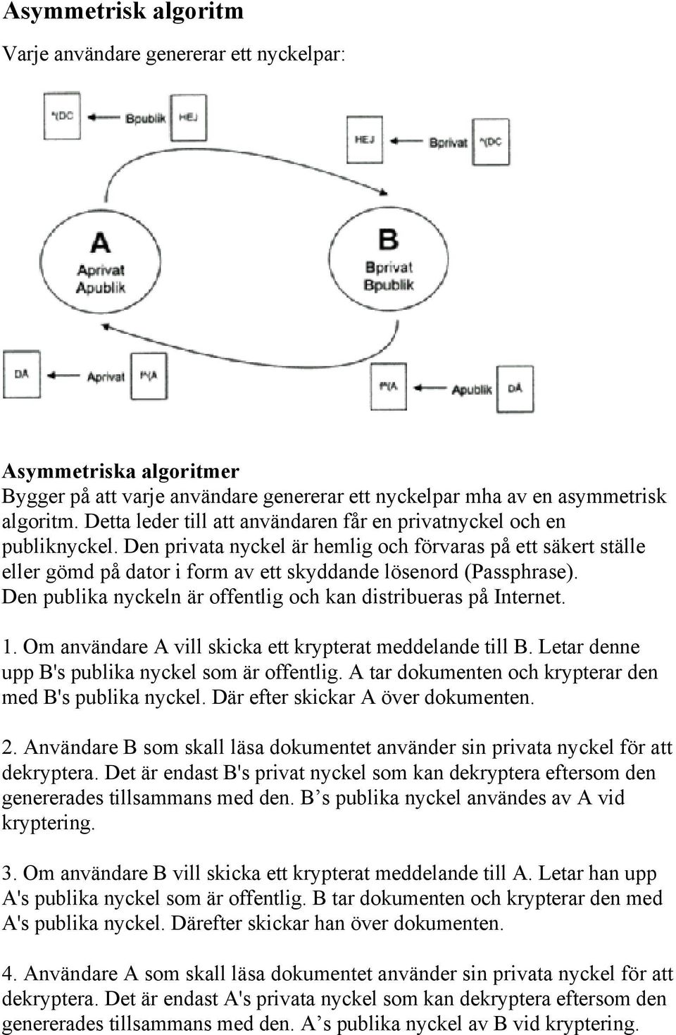 Den privata nyckel är hemlig och förvaras på ett säkert ställe eller gömd på dator i form av ett skyddande lösenord (Passphrase). Den publika nyckeln är offentlig och kan distribueras på Internet. 1.