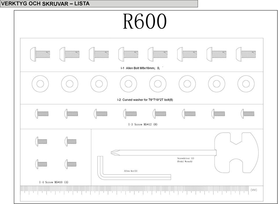 19*2t bolt(8) I-3 Screw M5*12 (8) Screwdriver