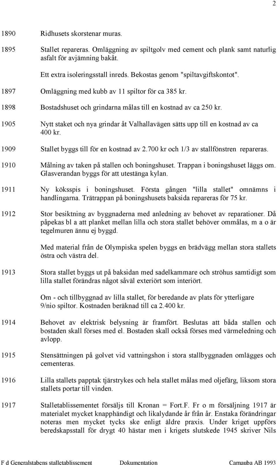 1905 Nytt staket och nya grindar åt Valhallavägen sätts upp till en kostnad av ca 400 kr. 1909 Stallet byggs till för en kostnad av 2.700 kr och 1/3 av stallfönstren repareras.