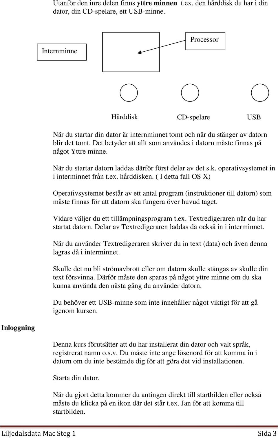 Det betyder att allt som användes i datorn måste finnas på något Yttre minne. När du startar datorn laddas därför först delar av det s.k. operativsystemet in i interminnet från t.ex. hårddisken.