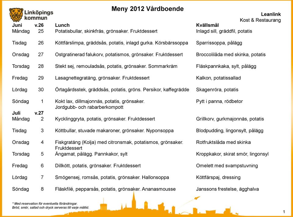 Sommarkräm Fläskpannkaka, sylt, pålägg Fredag 29 Lasagnettegratäng, grönsaker. Fruktdessert Kalkon, potatissallad Lördag 30 Örtagårdsstek, gräddsås, potatis, gröns.