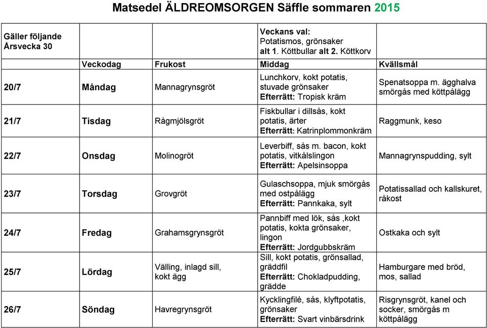 Katrinplommonkräm Leverbiff, sås m. bacon, kokt potatis, vitkålslingon Efterrätt: Apelsinsoppa Spenatsoppa m.