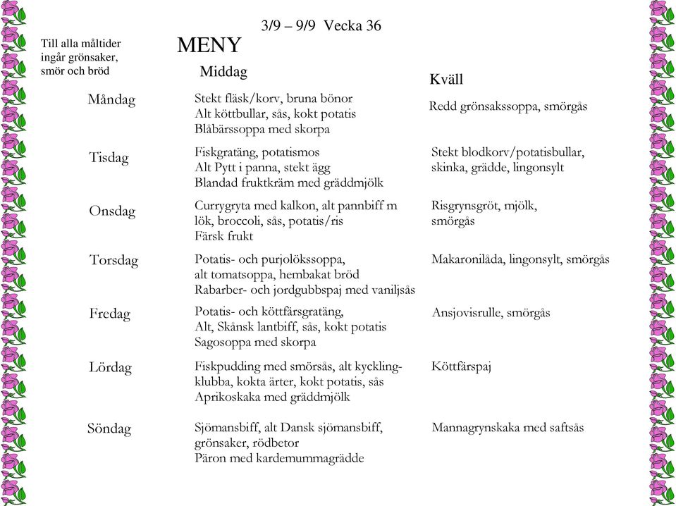 Alt, Skånsk lantbiff, sås, kokt potatis Sagosoppa med skorpa Fiskpudding med smörsås, alt kycklingklubba, kokta ärter, kokt potatis, sås Aprikoskaka med gräddmjölk Sjömansbiff, alt Dansk sjömansbiff,