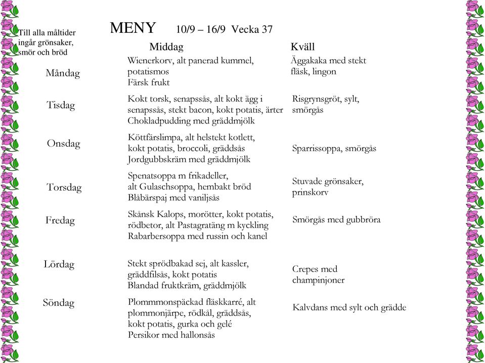 potatis, rödbetor, alt Pastagratäng m kyckling Rabarbersoppa med russin och kanel Äggakaka med stekt fläsk, lingon Risgrynsgröt, sylt, Sparrissoppa, Stuvade grönsaker, prinskorv Smörgås med gubbröra