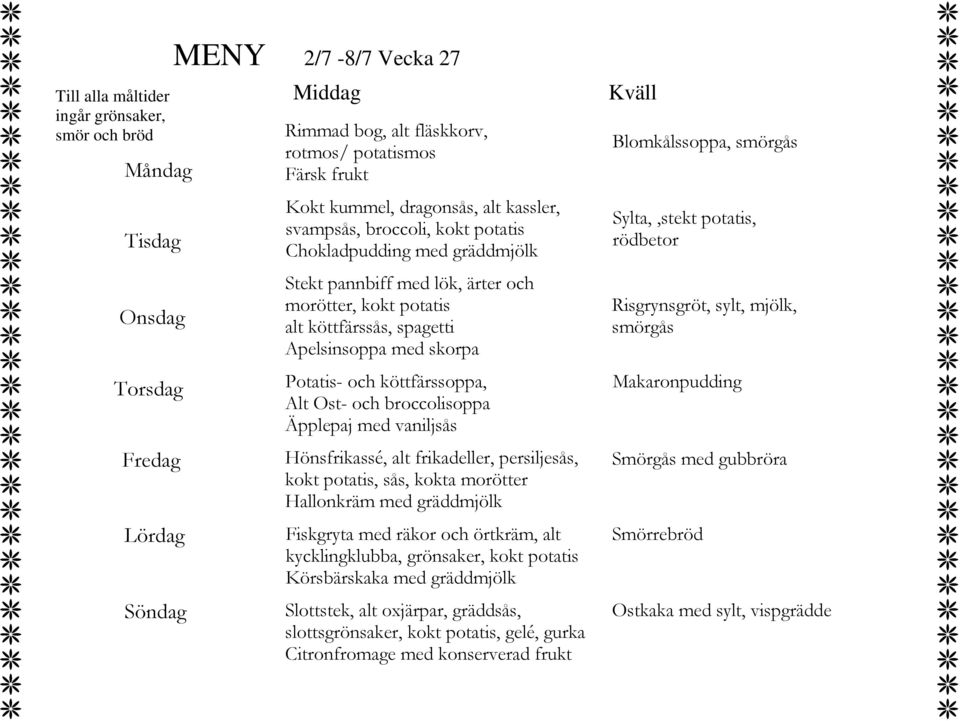 potatis, sås, kokta morötter Hallonkräm med gräddmjölk Fiskgryta med räkor och örtkräm, alt kycklingklubba, grönsaker, kokt potatis Körsbärskaka med gräddmjölk Slottstek, alt oxjärpar, gräddsås,