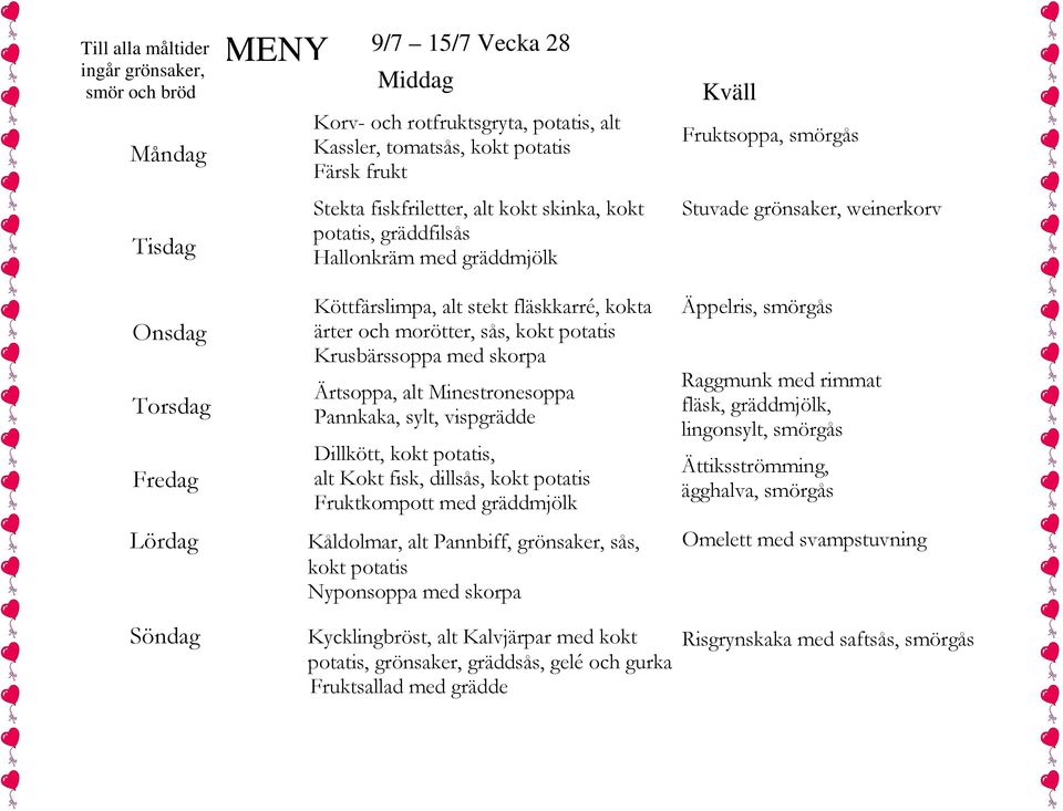 potatis Fruktkompott med gräddmjölk Kåldolmar, alt Pannbiff, grönsaker, sås, kokt potatis Nyponsoppa med skorpa Fruktsoppa, Stuvade grönsaker, weinerkorv Äppelris, Raggmunk med rimmat fläsk,