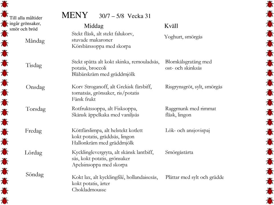 Risgrynsgröt, sylt, Raggmunk med rimmat fläsk, lingon Köttfärslimpa, alt helstekt kotlett kokt potatis, gräddsås, lingon Hallonkräm med gräddmjölk Kycklinglevergryta, alt skånsk