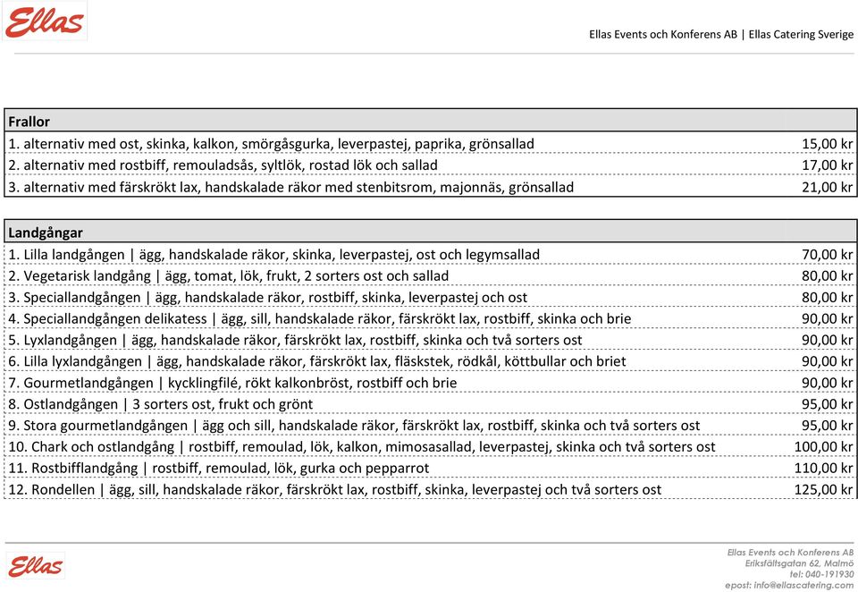 Lilla landgången ägg, handskalade räkor, skinka, leverpastej, ost och legymsallad 70,00 kr 2. Vegetarisk landgång ägg, tomat, lök, frukt, 2 sorters ost och sallad 80,00 kr 3.