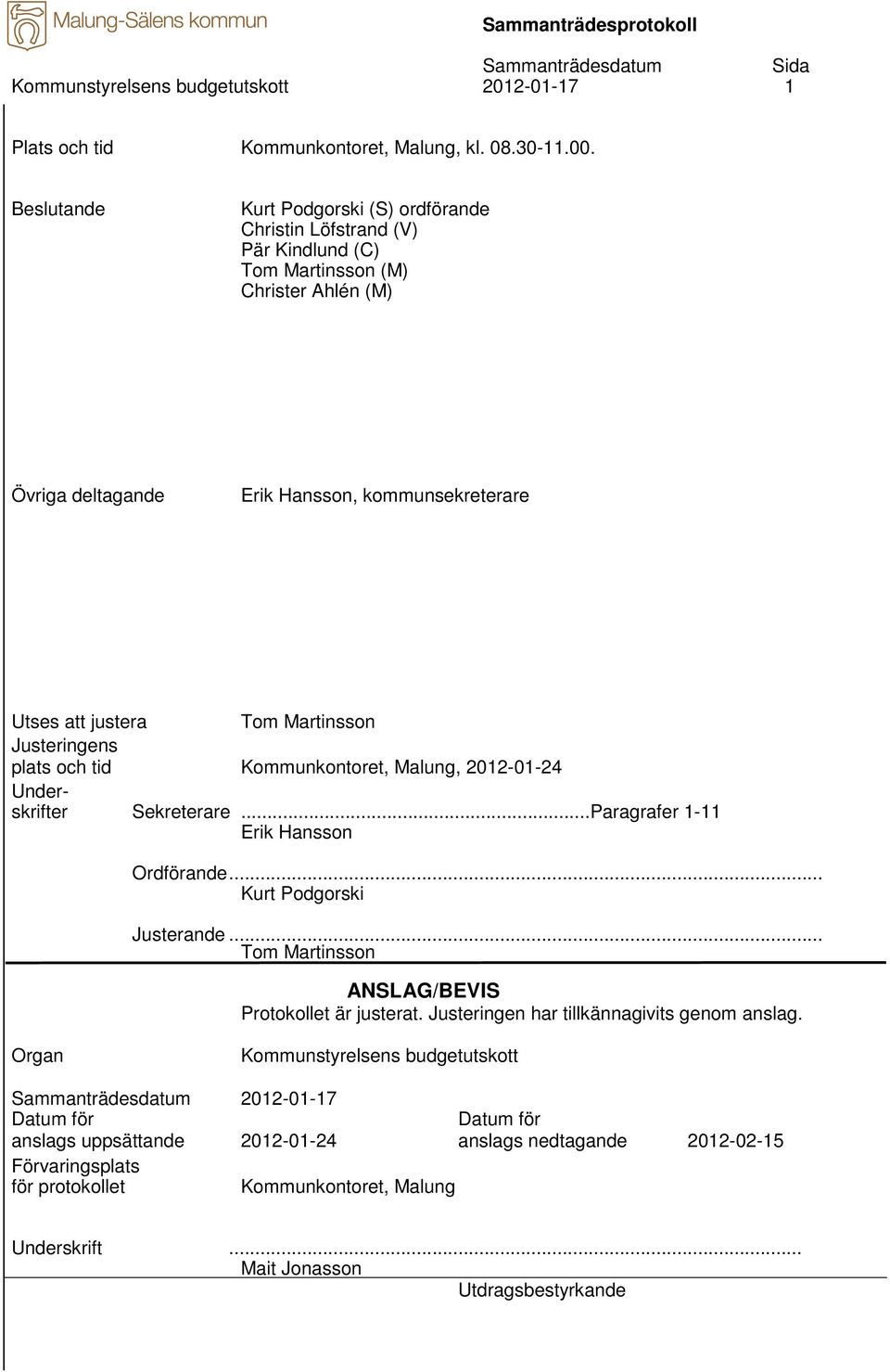 Martinsson Justeringens plats och tid Kommunkontoret, Malung, 2012-01-24 Underskrifter Sekreterare...Paragrafer 1-11 Erik Hansson Ordförande... Kurt Podgorski Justerande.