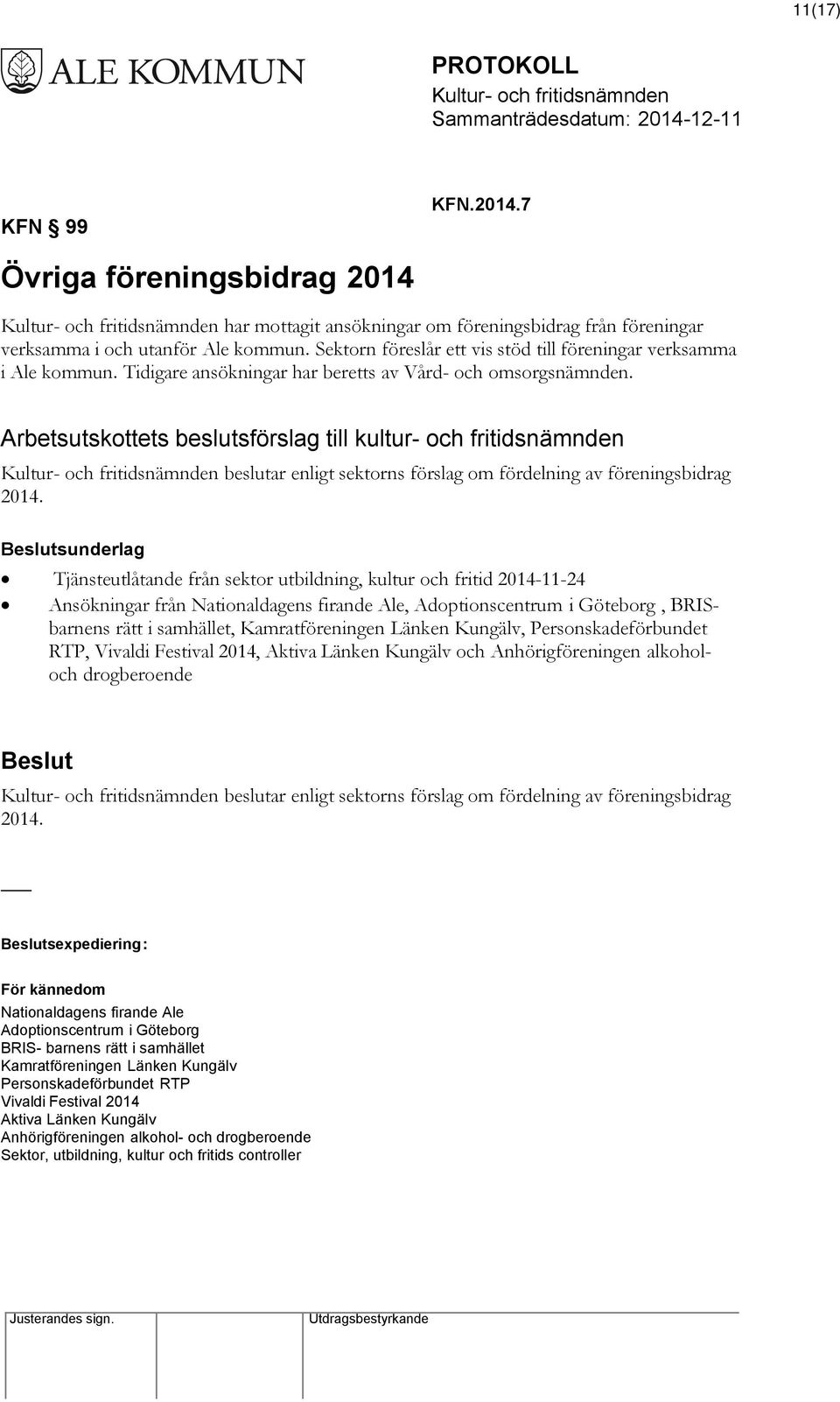 Arbetsutskottets beslutsförslag till kultur- och fritidsnämnden beslutar enligt sektorns förslag om fördelning av föreningsbidrag 2014.