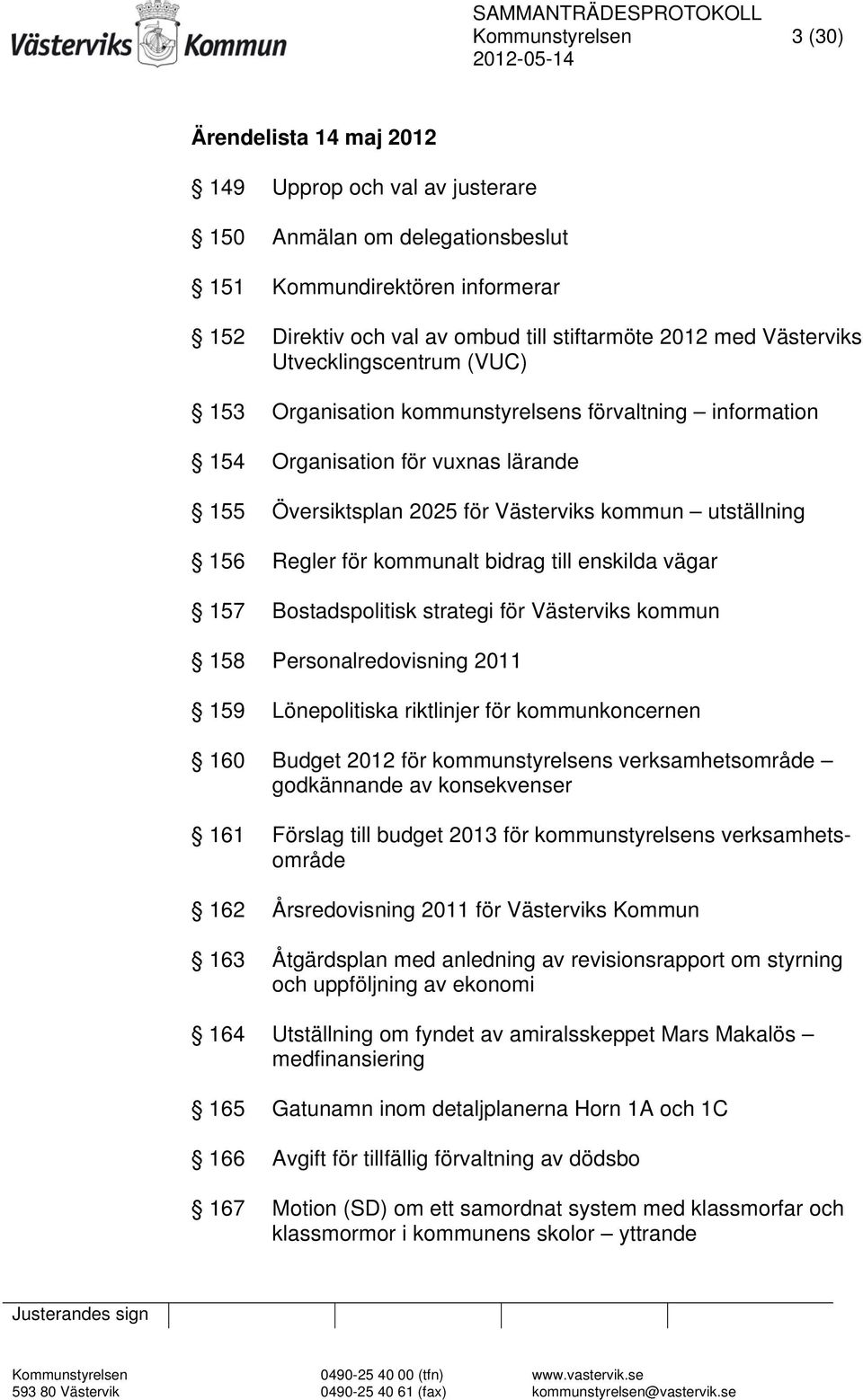 för kommunalt bidrag till enskilda vägar 157 Bostadspolitisk strategi för Västerviks kommun 158 Personalredovisning 2011 159 Lönepolitiska riktlinjer för kommunkoncernen 160 Budget 2012 för