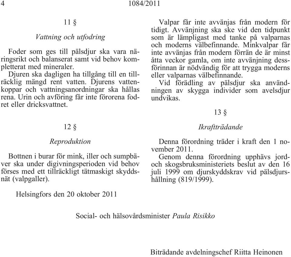 12 Reproduktion Bottnen i burar för mink, iller och sumpbäver ska under digivningsperioden vid behov förses med ett tillräckligt tätmaskigt skyddsnät (valpgaller).