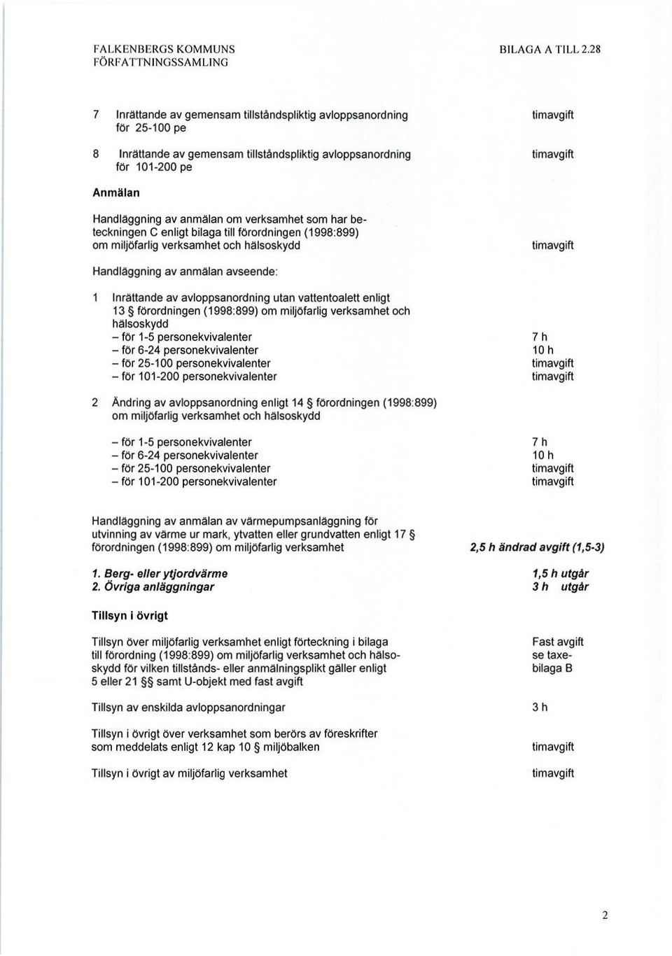 som har beteckningen C enligt bilaga till förordningen (1998:899) om miljöfarlig verksamhet och hälsoskydd Handläggning av anmälan avseende: 1 Inrättande av avloppsanordning utan vattentoalett enligt