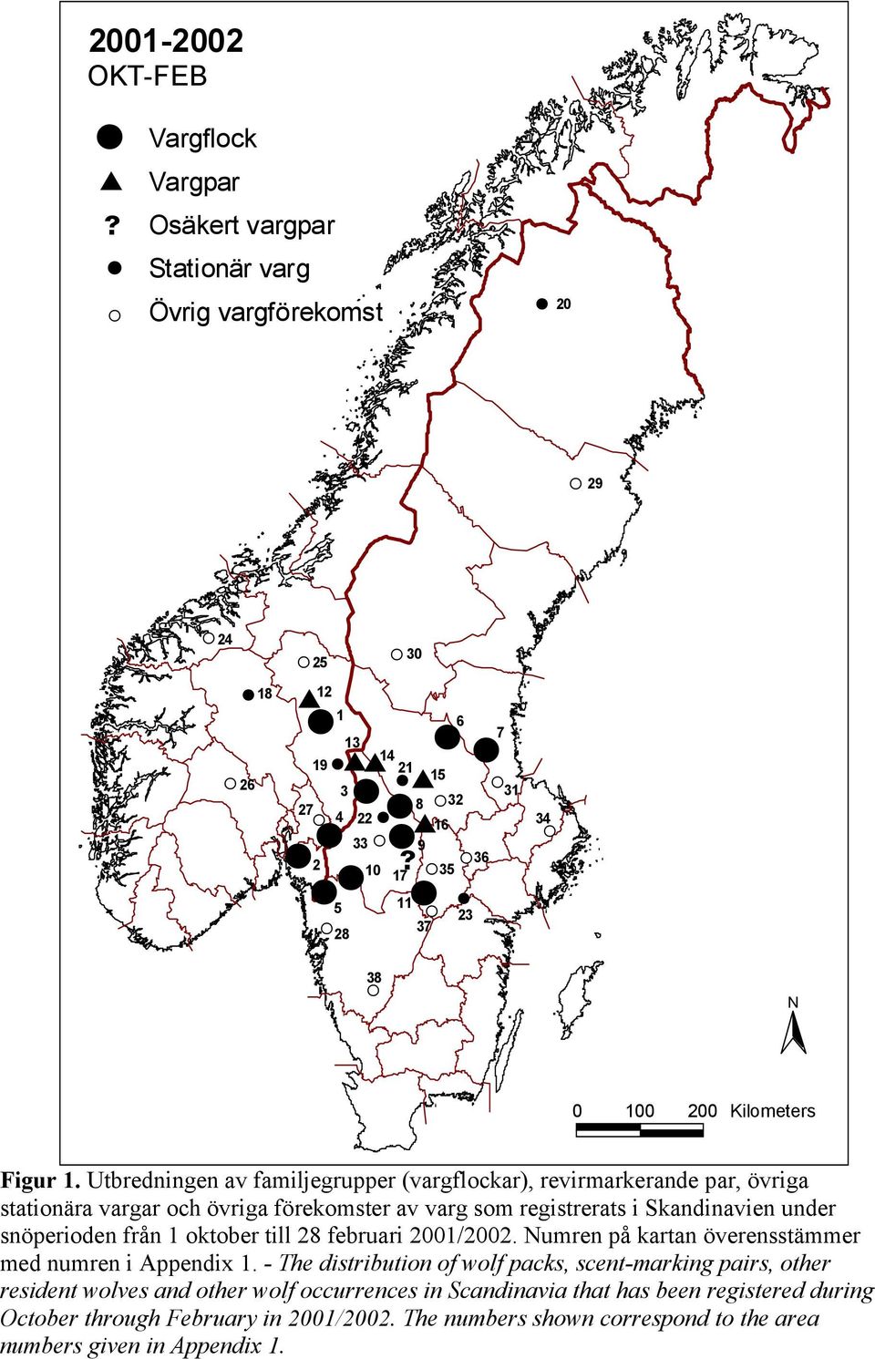 Utbredningen av familjegrupper (vargflockar), revirmarkerande par, övriga stationära vargar och övriga förekomster av varg som registrerats i Skandinavien under snöperioden från 1 oktober till 28