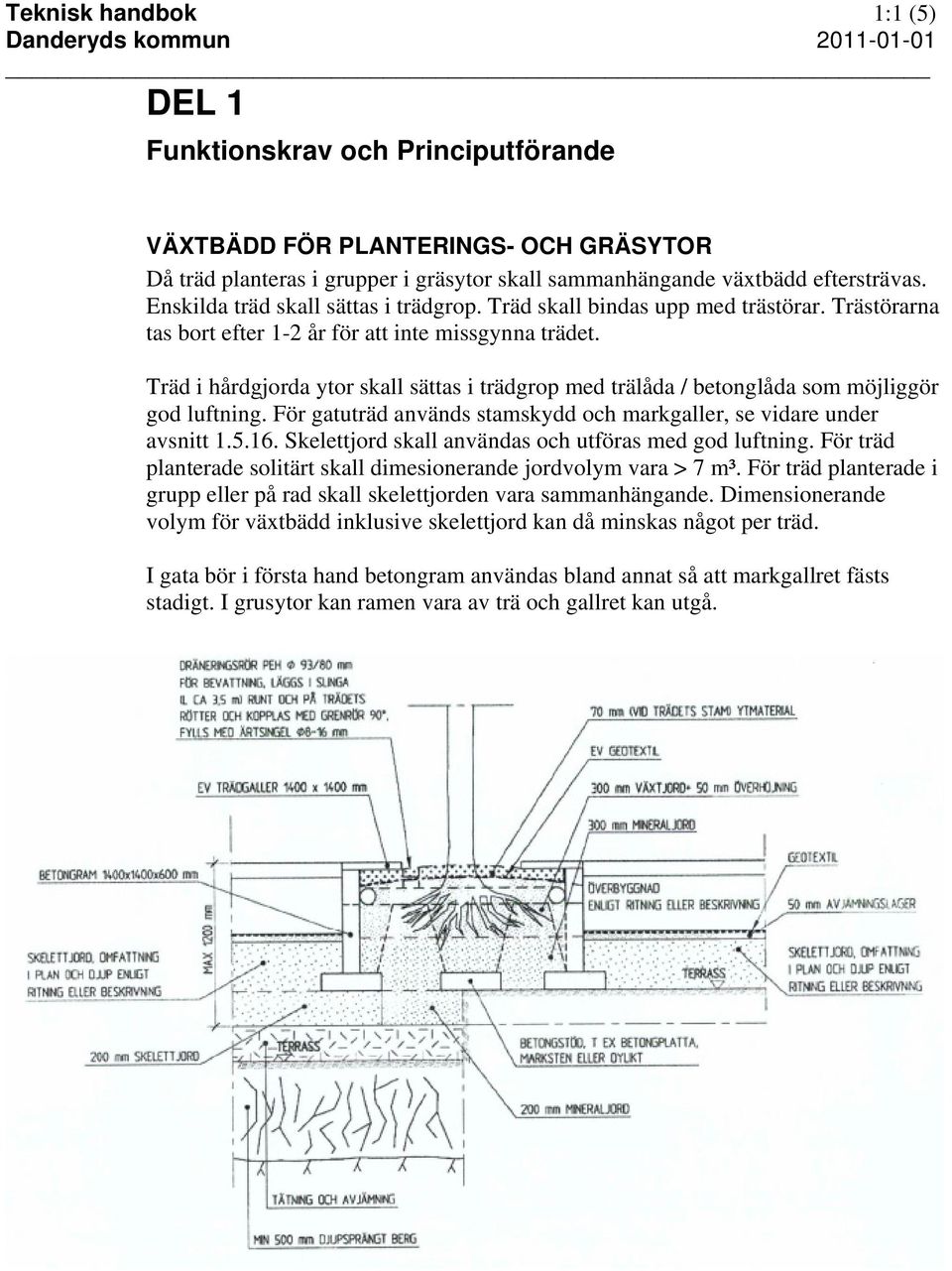 Träd i hårdgjorda ytor skall sättas i trädgrop med trälåda / betonglåda som möjliggör god luftning. För gatuträd används stamskydd och markgaller, se vidare under avsnitt 1.5.16.