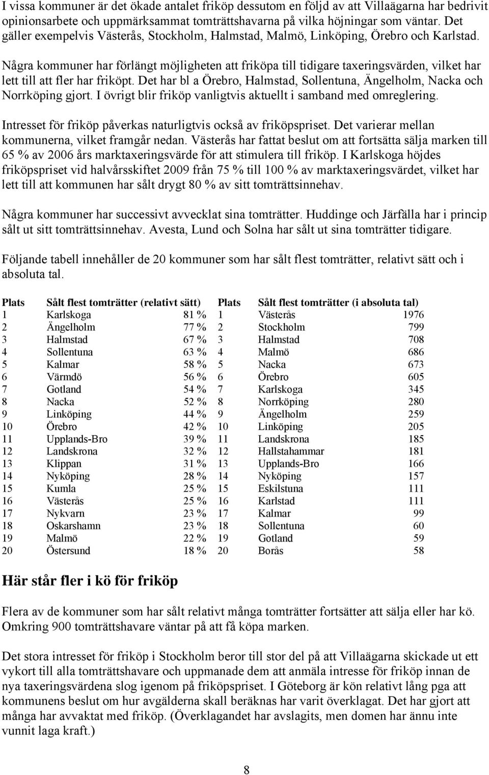 Några kommuner har förlängt möjligheten att friköpa till tidigare taxeringsvärden, vilket har lett till att fler har friköpt.