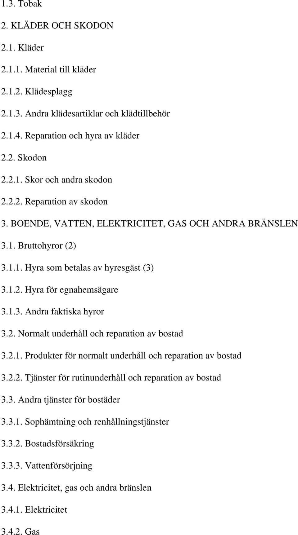 2. Normalt underhåll och reparation av bostad 3.2.1. Produkter för normalt underhåll och reparation av bostad 3.2.2. Tjänster för rutinunderhåll och reparation av bostad 3.3. Andra tjänster för bostäder 3.