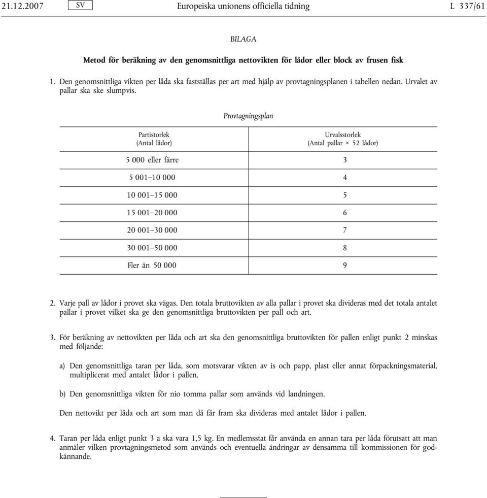 Provtagningsplan Partistorlek (Antal lådor) Urvalsstorlek (Antal pallar 52 lådor) 5 000 eller färre 3 5 001 10 000 4 10 001 15 000 5 15 001 20 000 6 20 001 30 000 7 30 001 50 000 8 Fler än 50 000 9 2.