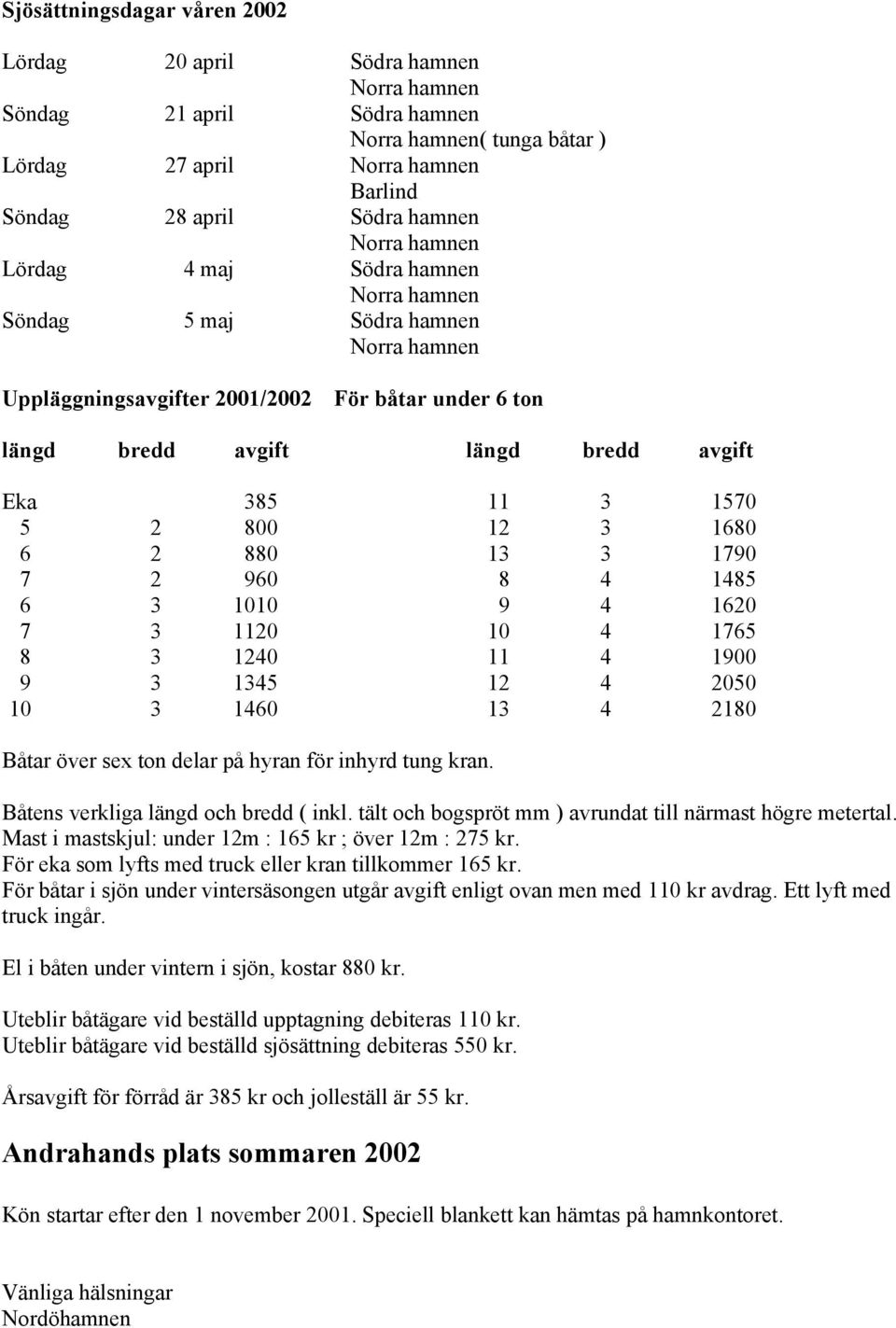 1120 10 4 1765 8 3 1240 11 4 1900 9 3 1345 12 4 2050 10 3 1460 13 4 2180 Båtar över sex ton delar på hyran för inhyrd tung kran. Båtens verkliga längd och bredd ( inkl.