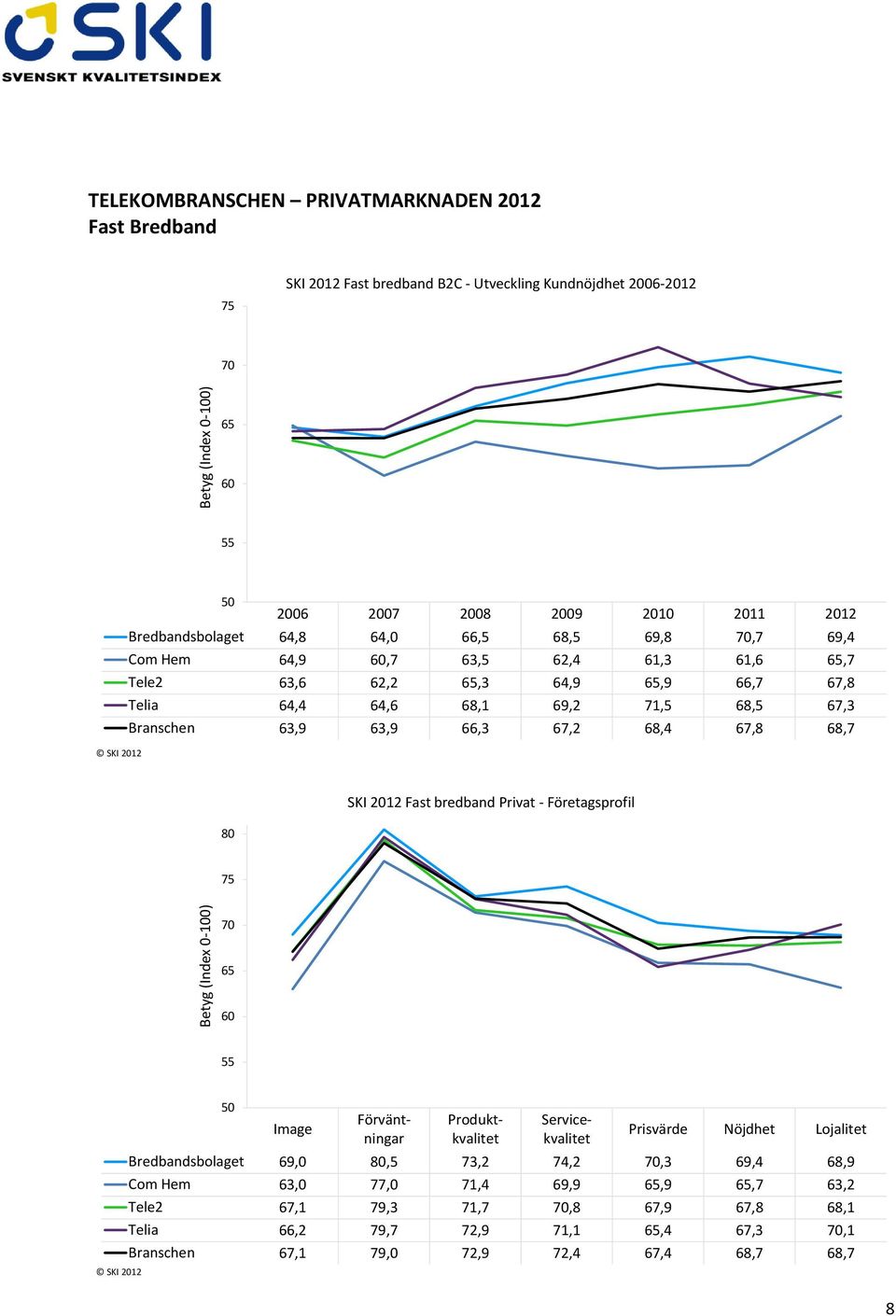 Branschen 63,9 63,9 66,3 67,2 68,4 67,8 68,7 SKI 2012 Fast bredband Privat - Företagsprofil Servicekvalitet Prisvärde Nöjdhet Lojalitet Bredbandsbolaget 69,0,5