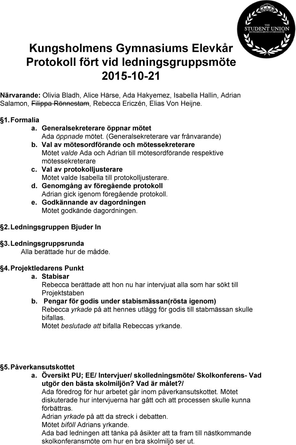 Val av mötesordförande och mötessekreterare Mötet valde Ada och Adrian till mötesordförande respektive mötessekreterare c. Val av protokolljusterare Mötet valde Isabella till protokolljusterare. d.