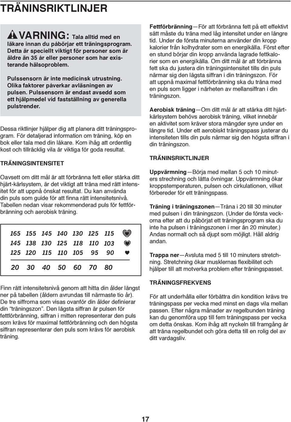 riktlinjer hjälper dig att planera ditt träningsprogram För detaljerad information om träning, köp en bok eller tala med din läkare Kom ihåg att ordentlig kost och tillräcklig vila är viktiga för