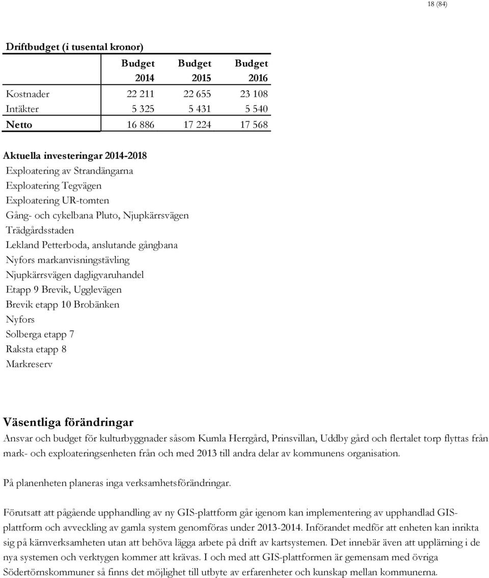 Njupkärrsvägen dagligvaruhandel Etapp 9 Brevik, Ugglevägen Brevik etapp 10 Brobänken Nyfors Solberga etapp 7 Raksta etapp 8 Markreserv Väsentliga förändringar Ansvar och budget för kulturbyggnader