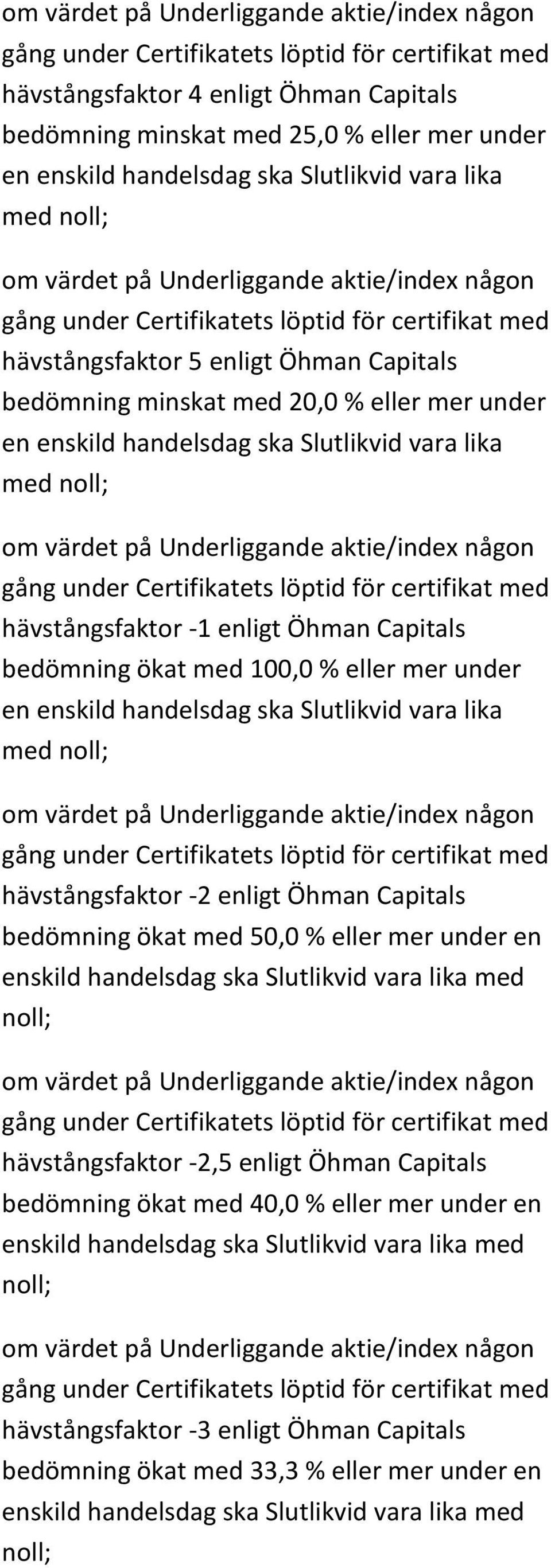 Slutlikvid vara lika med noll; hävstångsfaktor -2 enligt Öhman Capitals bedömning ökat med 50,0 % eller mer under en enskild handelsdag ska Slutlikvid vara lika med noll; hävstångsfaktor -2,5 enligt