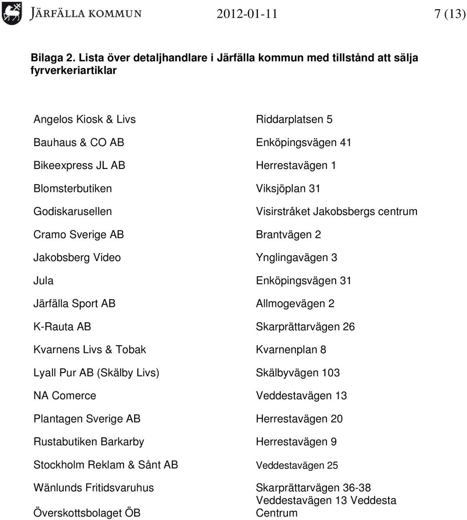 Blomsterbutiken Viksjöplan 31 Godiskarusellen Visirstråket Jakobsbergs centrum Cramo Sverige AB Brantvägen 2 Jakobsberg Video Ynglingavägen 3 Jula Enköpingsvägen 31 Järfälla Sport AB