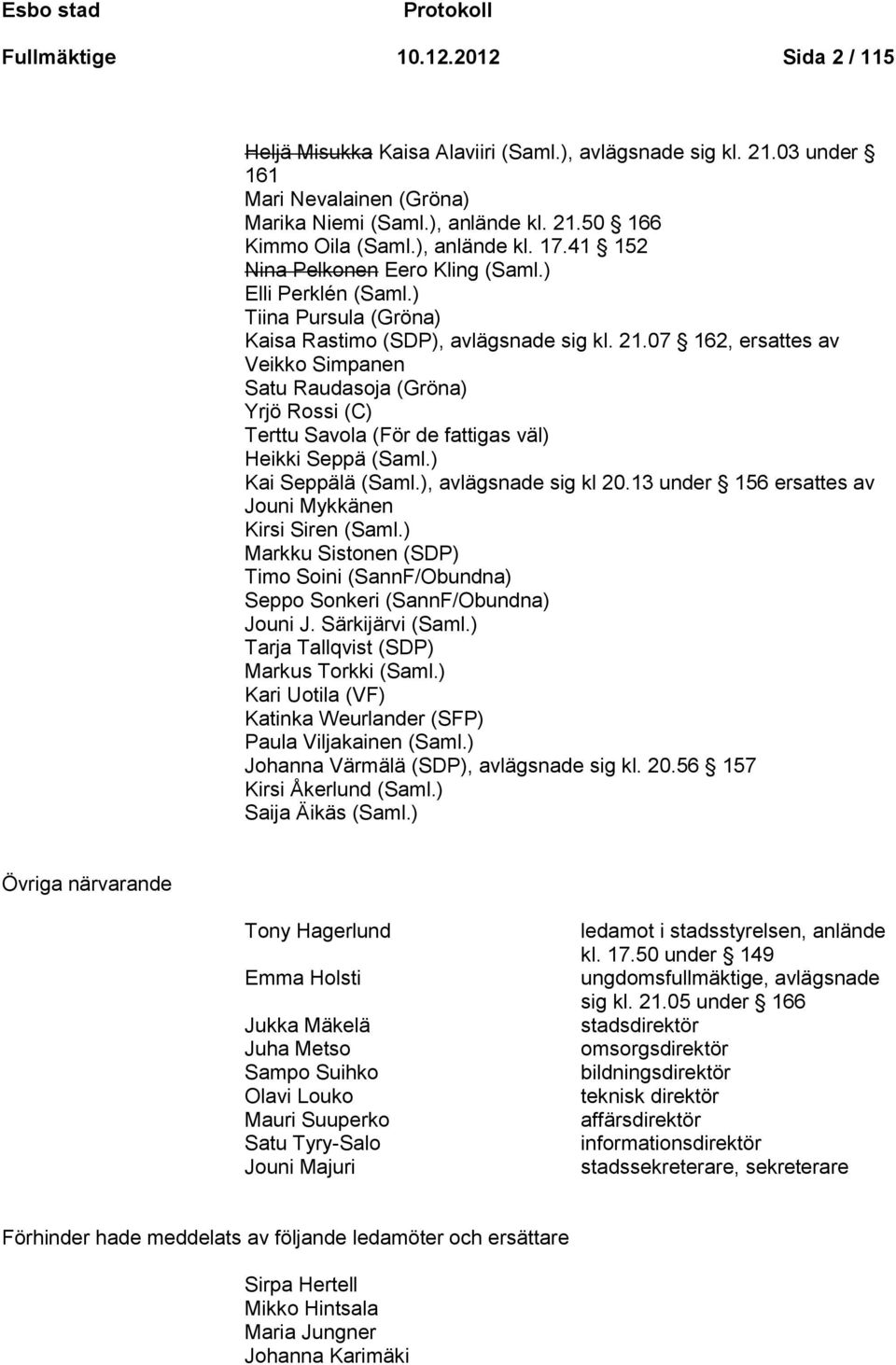 07 162, ersattes av Veikko Simpanen Satu Raudasoja (Gröna) Yrjö Rossi (C) Terttu Savola (För de fattigas väl) Heikki Seppä (Saml.) Kai Seppälä (Saml.), avlägsnade sig kl 20.