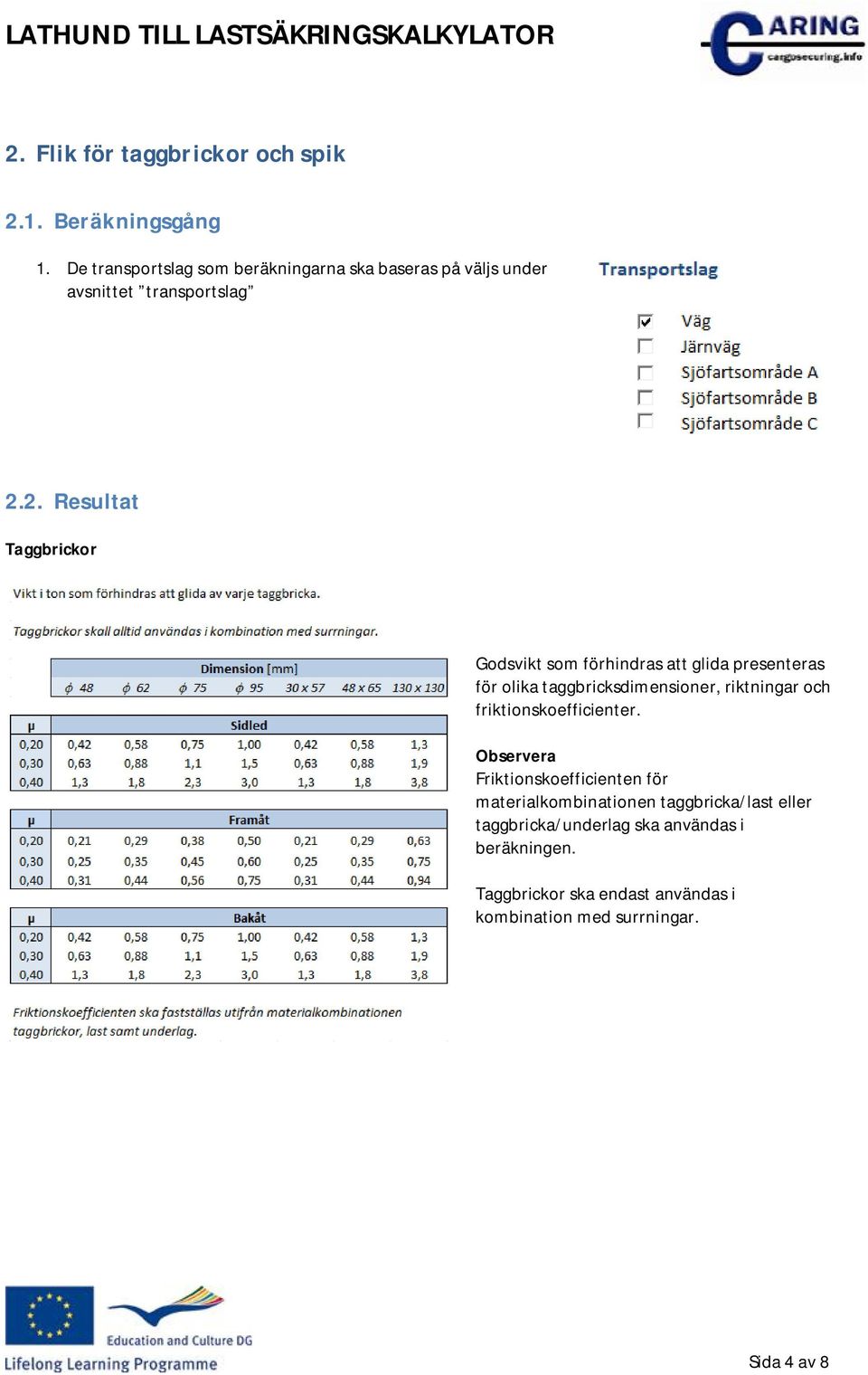 2. Resultat Taggbrickor Godsvikt som förhindras att glida presenteras för olika taggbricksdimensioner, riktningar och