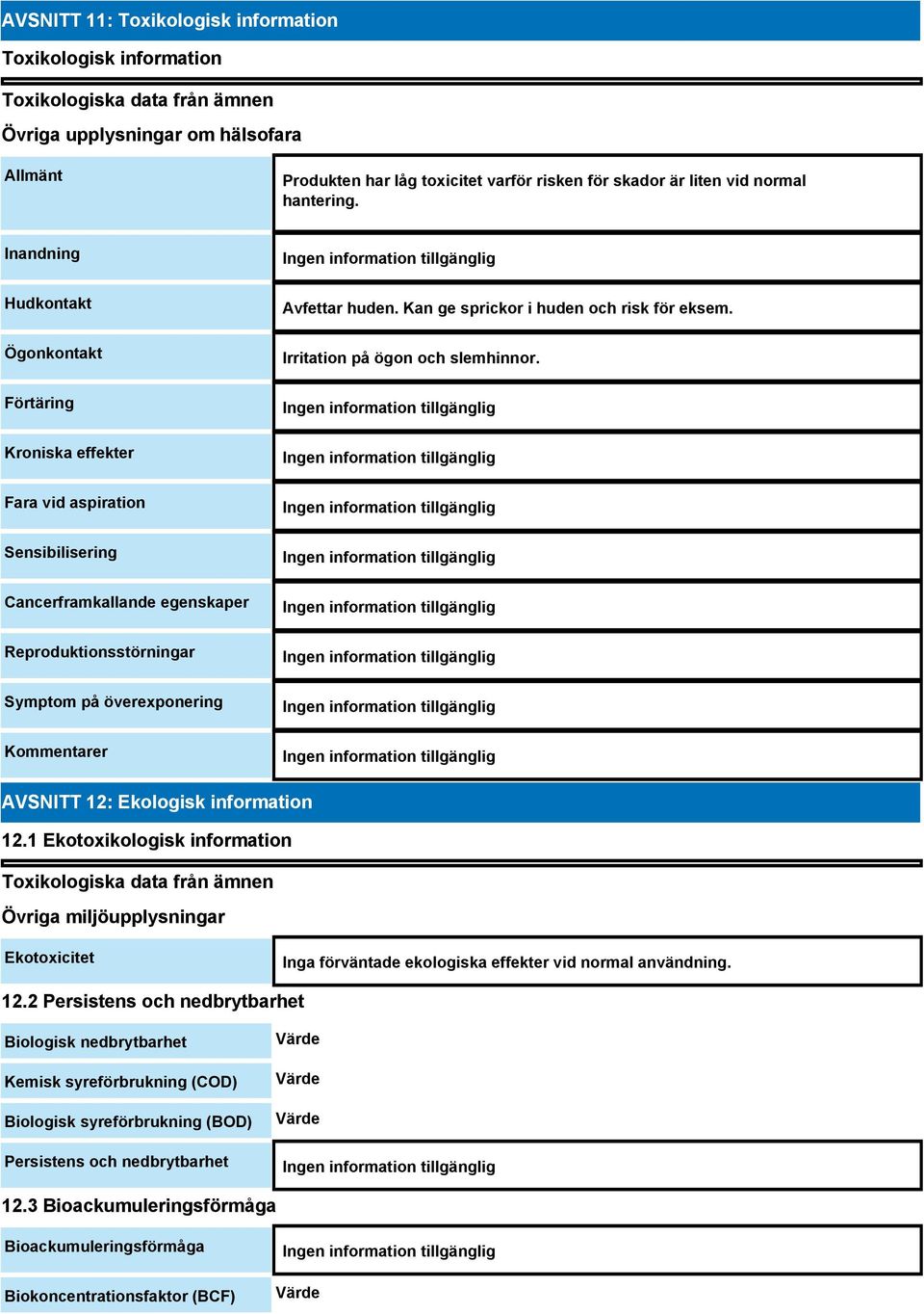 Inandning Hudkontakt Ögonkontakt Förtäring Kroniska effekter Fara vid aspiration Sensibilisering Cancerframkallande egenskaper Reproduktionsstörningar Symptom på överexponering Kommentarer Avfettar