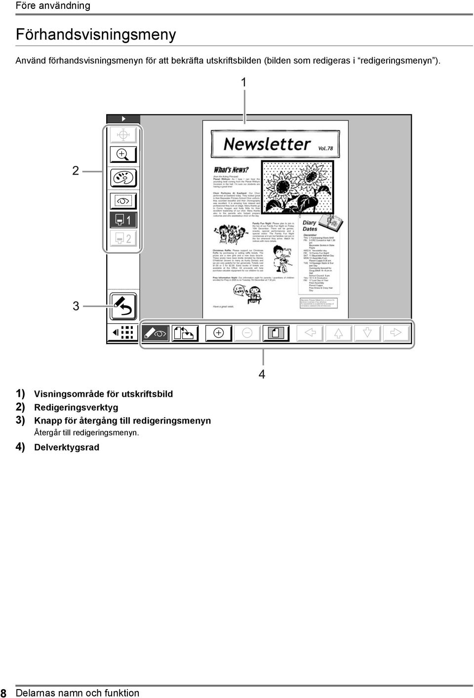 1) Visningsområde för utskriftsbild 2) Redigeringsverktyg 3) Knapp för återgång