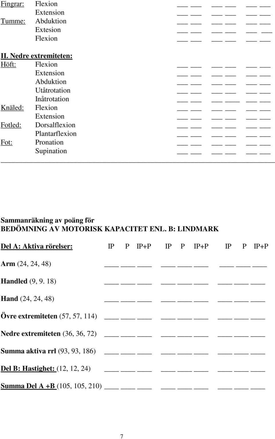 Fot: Pronation Supination Sammanräkning av poäng för BEDÖMNING AV MOTORISK KAPACITET ENL.