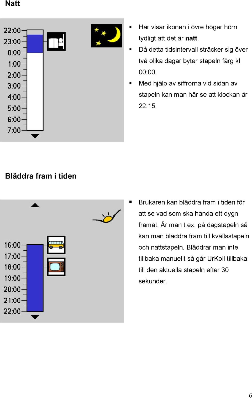 Med hjälp av siffrorna vid sidan av stapeln kan man här se att klockan är 22:15.