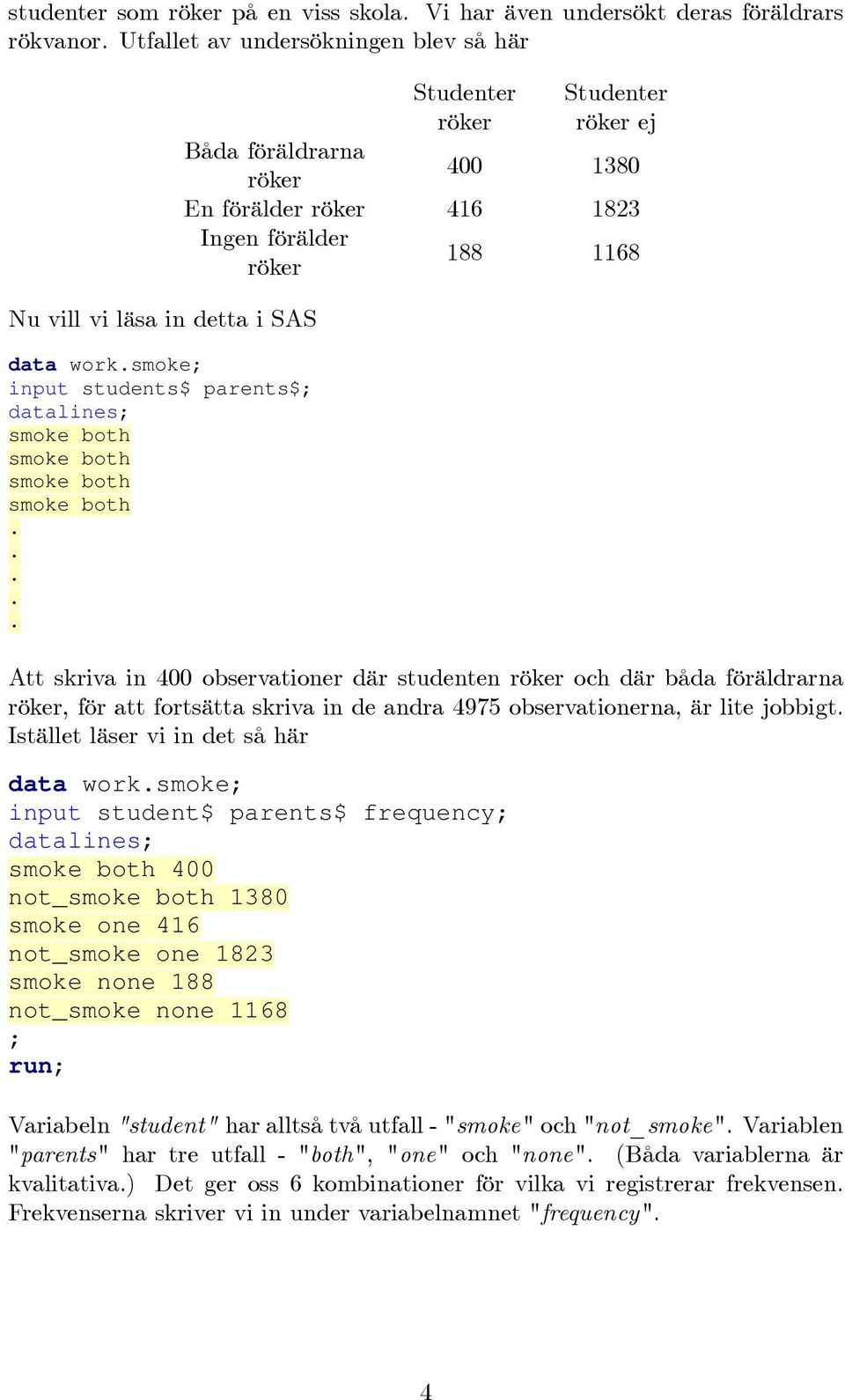 föräldrarna röker, för att fortsätta skriva in de andra 4975 observationerna, är lite jobbigt Istället läser vi in det så här data worksmoke input student$ parents$ frequency 400 not_ 1380 smoke one