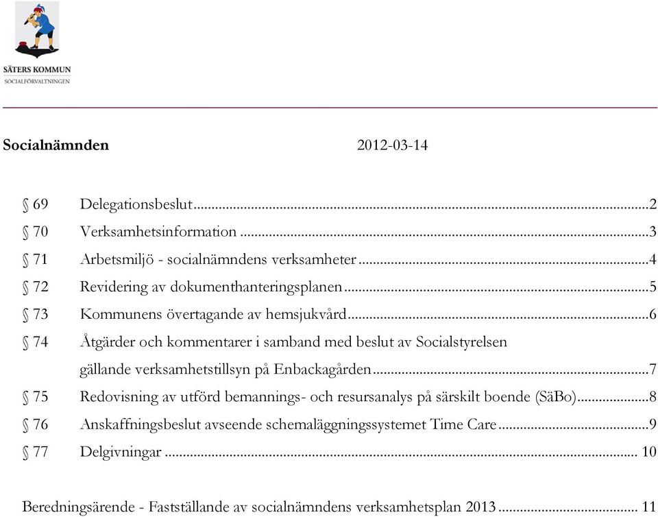 .. 6 74 Åtgärder och kommentarer i samband med beslut av Socialstyrelsen gällande verksamhetstillsyn på Enbackagården.