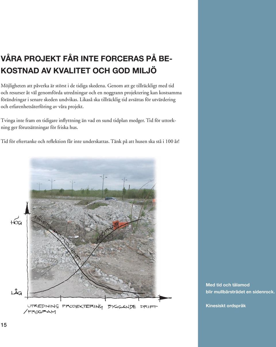 Likaså ska tillräcklig tid avsättas för utvärdering och erfarenhetsåterföring av våra projekt. Tvinga inte fram en tidigare inflyttning än vad en sund tidplan medger.