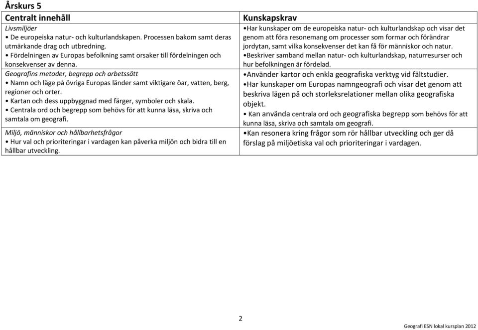 Geografins metoder, begrepp och arbetssätt Namn och läge på övriga Europas länder samt viktigare öar, vatten, berg, regioner och orter. Kartan och dess uppbyggnad med färger, symboler och skala.