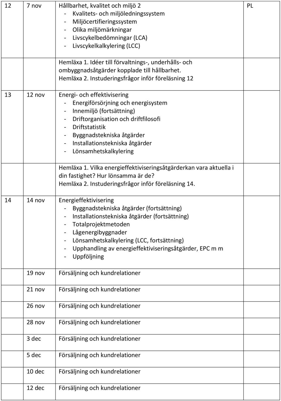 Instuderingsfrågor inför föreläsning 12 13 12 nov Energi- och effektivisering - Energiförsörjning och energisystem - Innemiljö (fortsättning) - Driftorganisation och driftfilosofi - Driftstatistik -