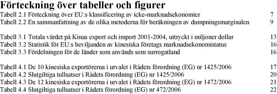 2 Statistik för EU:s beviljanden av kinesiska företags marknadsekonomistatus 16 Tabell 3.3 Fördelningen för de länder som används som surrogatland 16 Tabell 4.