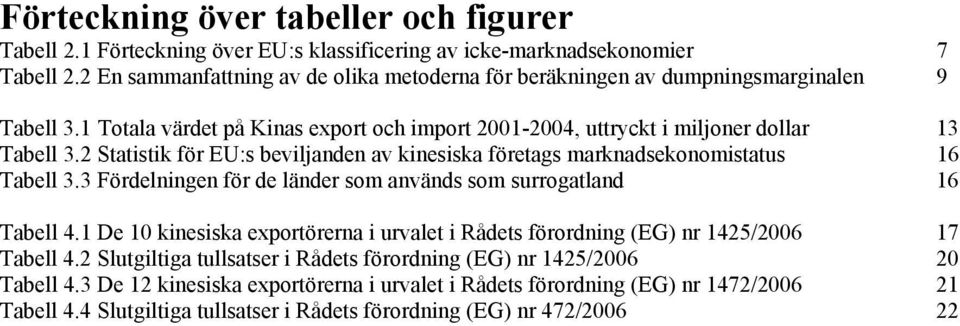 2 Statistik för EU:s beviljanden av kinesiska företags marknadsekonomistatus 16 Tabell 3.3 Fördelningen för de länder som används som surrogatland 16 Tabell 4.