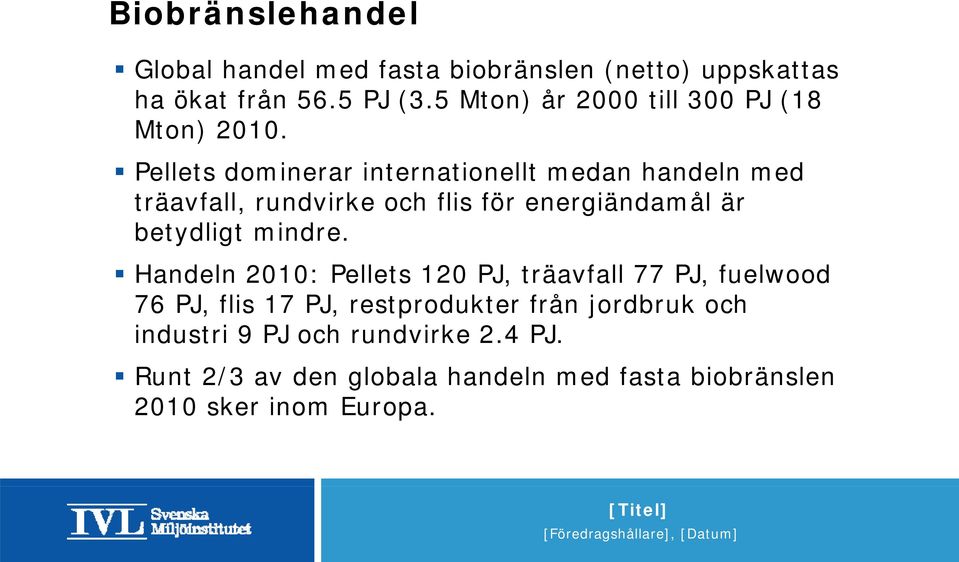 Pellets dominerar internationellt medan handeln med träavfall, rundvirke och flis för energiändamål är betydligt mindre.