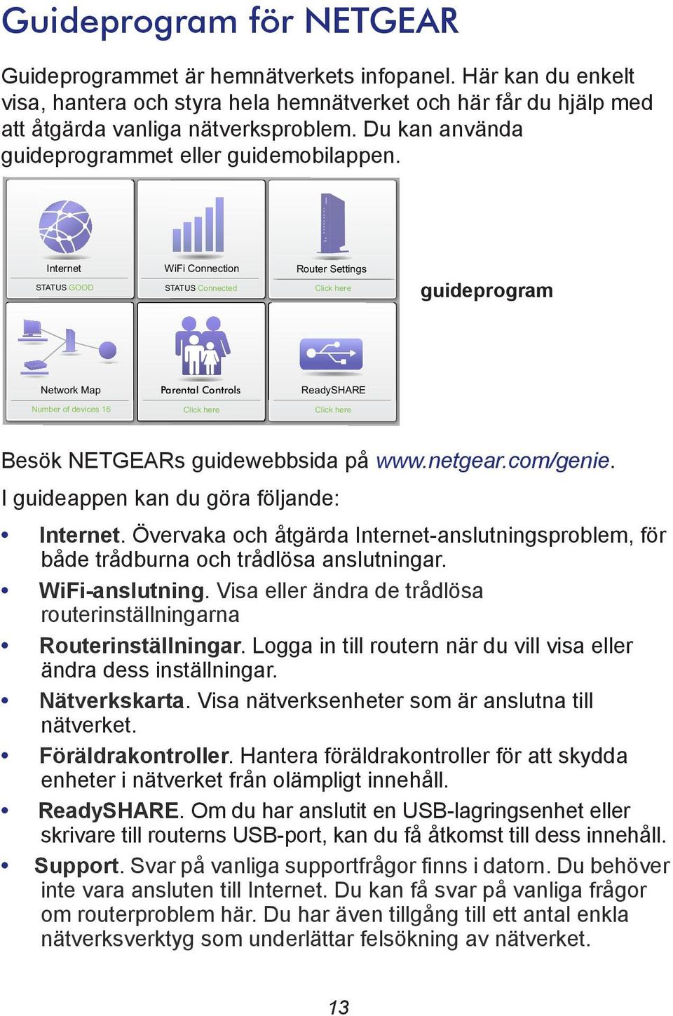 Internet STATUS GOOD WiFi Connection STATUS Connected Router Settings Click here guideprogram Network Map Parental Controls ReadySHARE Number of devices 16 Click here Click here Besök NETGEARs