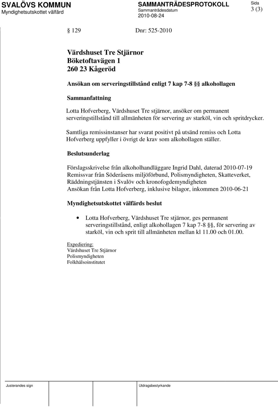 Samtliga remissinstanser har svarat positivt på utsänd remiss och Lotta Hofverberg uppfyller i övrigt de krav som alkohollagen ställer.