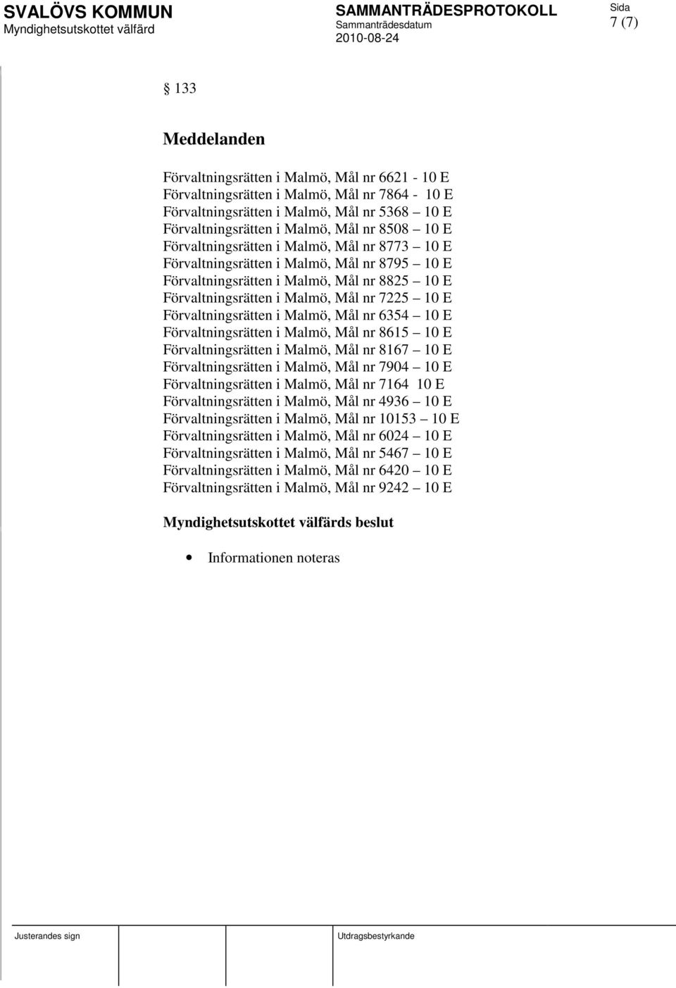 Förvaltningsrätten i Malmö, Mål nr 6354 10 E Förvaltningsrätten i Malmö, Mål nr 8615 10 E Förvaltningsrätten i Malmö, Mål nr 8167 10 E Förvaltningsrätten i Malmö, Mål nr 7904 10 E Förvaltningsrätten