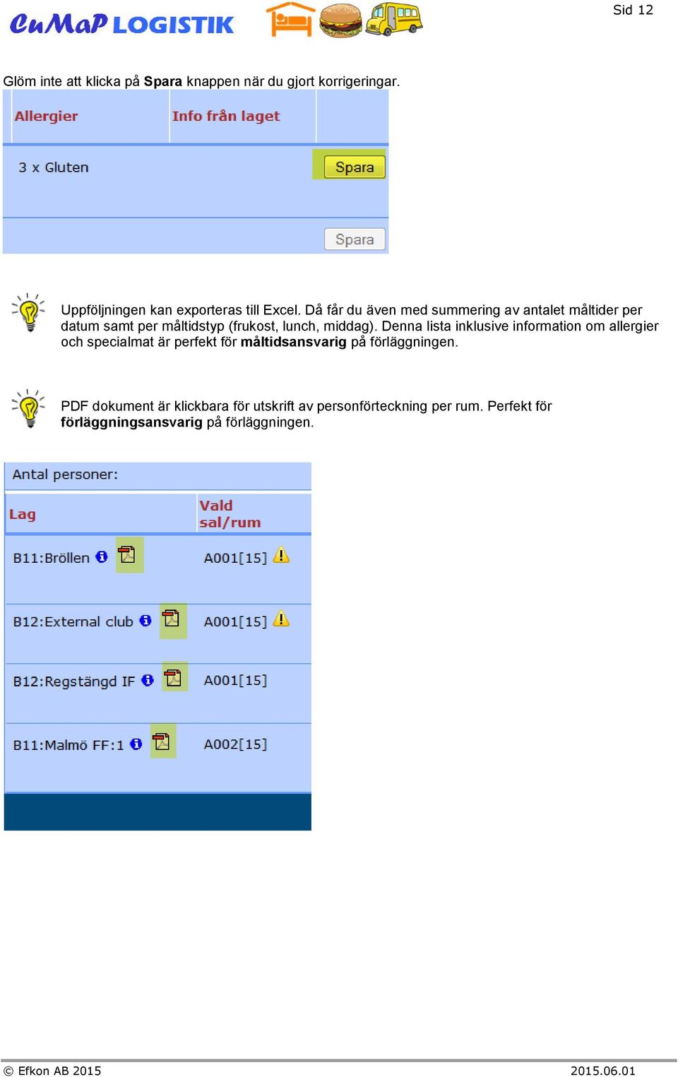 Denna lista inklusive information om allergier och specialmat är perfekt för måltidsansvarig på förläggningen.